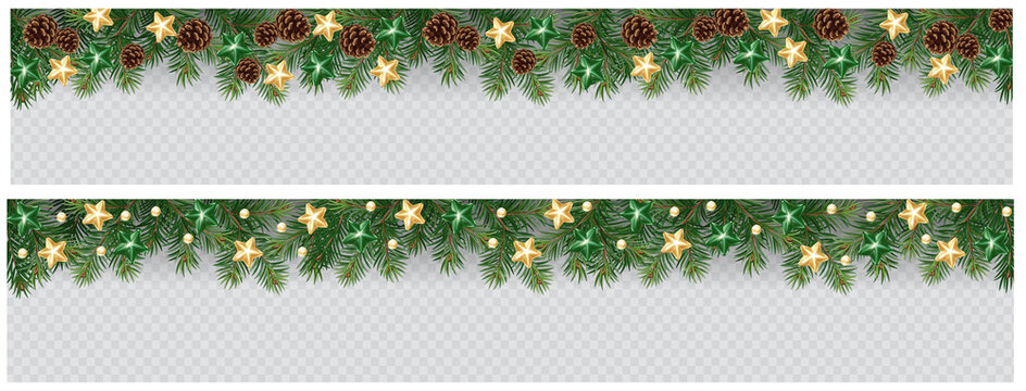 Vector border with white fir branches and with festive decoration elements on transparent background. Christmas tree garland with fir branches, pine cones, and glass decoration