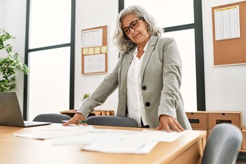 Middle age grey-haired businesswoman working at the office.