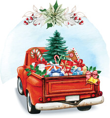 Watercolor christmas red truck full of gifts and treats