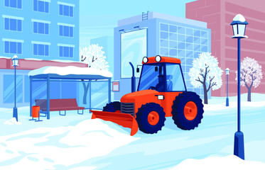 Orange tractor with snowplow removes snow in winter city near public transport stop