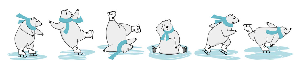 Polar bear ice skating training. Funny cartoon winter sport mascot