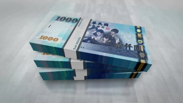 Taiwan Dollar money pile pack. Concept background of economy, banking, business, crisis, recession, debt and finance. 1000 TWD banknotes stacks animation.