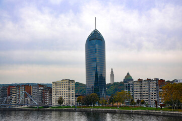 Skyline of Liege with La tour des finances and the Meuse river