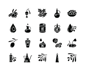 Olive products flat line icons set. Fresh tree fetuses and olive oil in bottles and jugs. Simple flat vector illustration for web site or mobile app