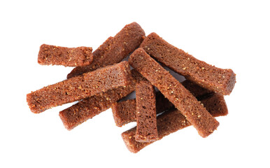 Pile of delicious crispy rusks on white background, top view