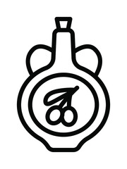 Olive products flat line icon. Fresh tree fetuses and olive oil in bottles and jugs. Outline sign for mobile concept and web design, store