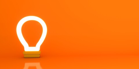 Light bulb icon over yellow background, panoramic mock-up with space for text. 3D Rendering.
