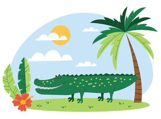 Hand drawn crocodile in jungle cartoon flat illustration