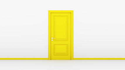 4K Ultra Hd. Yellow door on white background. Valentine day concept. 3D rendering
