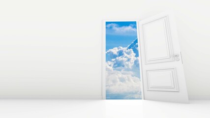Fototapeta na wymiar 4K Ultra Hd. Room with the door open for a sky. Door to heaven. 3D Rendering. 