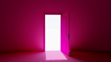 4K Ultra Hd. Room with the door open for a sky. Door to heaven. 3D Rendering.
