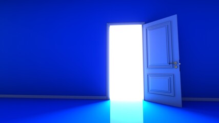Blue Room with the door open for a sky. Door to heaven. 3D Rendering.
