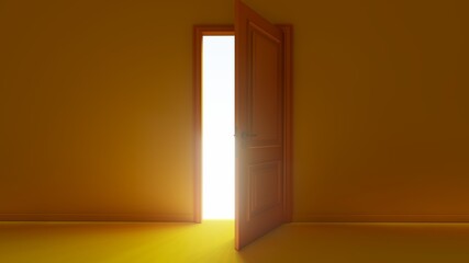 4K Ultra Hd. Room with the door open for a sky. Door to heaven. 3D Rendering.
