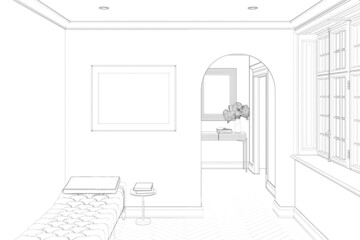 Sketch of the modern-classic interior with blank horizontal poster, the coffee table next to the couch, arch near the window, mirror above the console in the background. 3d render