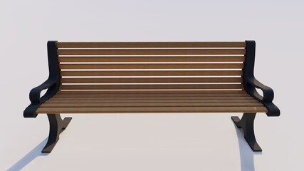 Brown wooden bench with decorative ornate metal legs and armrests isolated on a white background
