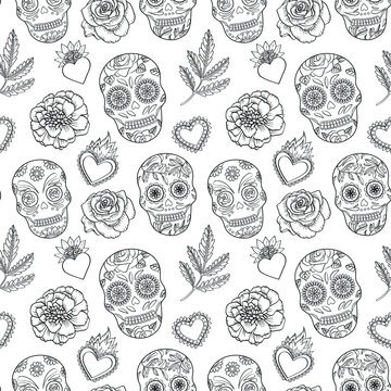 Vector Day of the Dead seamless pattern. Black outline graphics, floral and skull monochrome ornament.