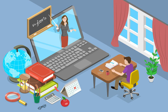 3D Isometric Flat Vector Conceptual Illustration of Online Classes, E-learning and Distant Education from Home