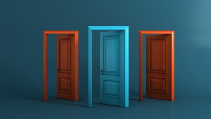 Creative minimal style design. three open doors on pastel blue background. 3d rendering
