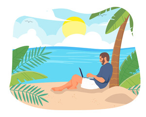Obraz na płótnie Canvas Freelance people work in comfortable conditions vector flat illustration. Freelancer character working from home or beach at relaxed pace, convenient workplace. Man and woman self employed concept