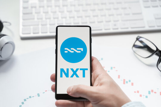 Russia Moscow 08.06.2021 Logo of public blockchain token NXT, Jelurida. Decentralized asset exchange. Issue, trade crypro coins, cryptocurrrency