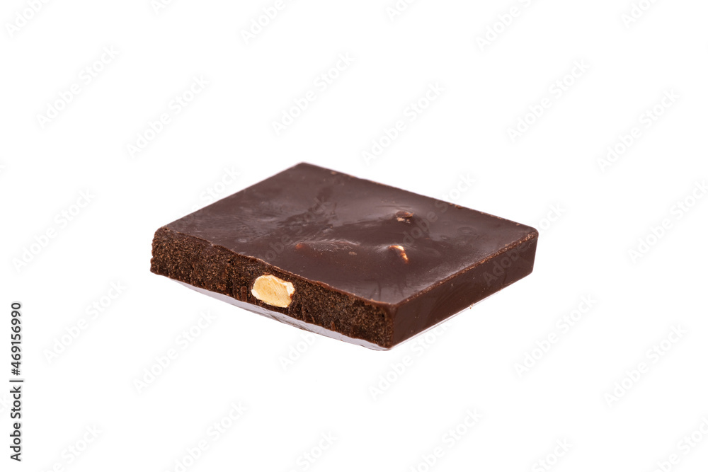 Poster piece of chocolate with nuts isolated on white background