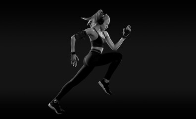 Fototapeta na wymiar Sprinter run. Strong athletic woman running on black background wearing in the sportswear. Fitness and sport motivation. Runner concept.