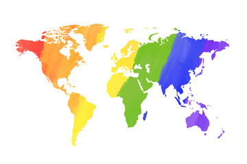Detailed worldwide map in LGBT PRIDE rainbow colours on white