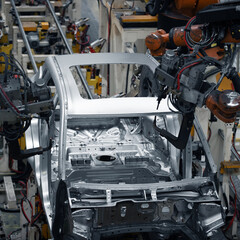 Car manufacturing plant, top view of a robotic welding line......