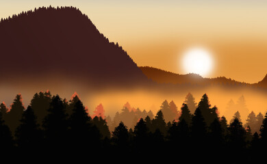 Sunrise over a quiet wooded landscape.