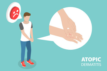 3D Isometric Flat Vector Conceptual Illustration of Atopic Dermatitis, Unhappy Sick Man Scratch its Hand Suffering From Itch