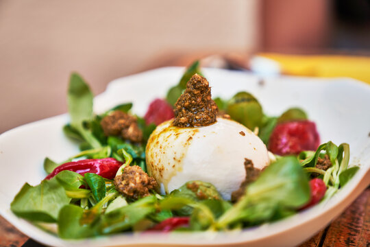 Beautiful burrata cheese with pesto on lambs lettuce salad image