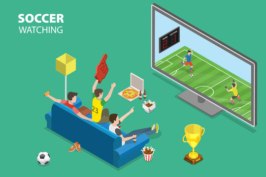 3D Isometric Flat Vector Conceptual Illustration of Soccer Watching, Football Fans Watch Game Match on TV