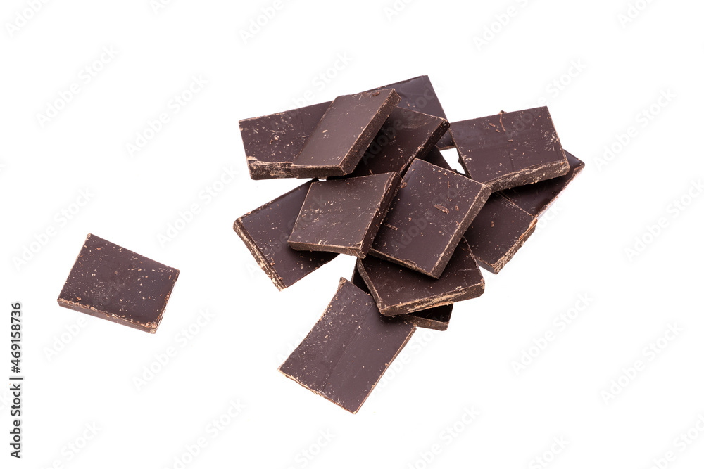 Poster a bunch of dark chocolate. view from above. isolated on white background