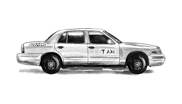 Vector hand drawn icon. Yellow taxi. Isolated on white background.
