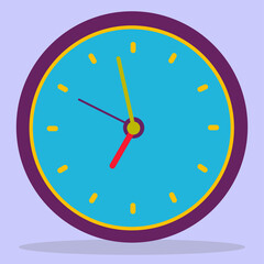 Purple clock icon in a flat style, round timer on a blue background with a yellow dial. A simple watch.