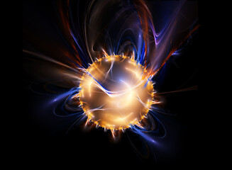 Yellow stylized Sun or Star in Space with rays, fractal 3d render