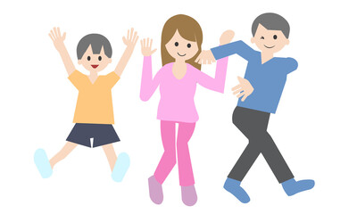 元気にはしゃぐ親子3人家族　イラスト