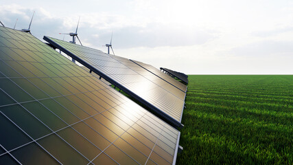 Fototapeta premium 8k Ultra HD 7640x4320. Panoramic view of wind farm or wind park, with high wind turbines for generation electricity with copy space. green energy concept. 3d rendering. 