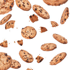  Delicious chocolate cookies flying isolated on a white background