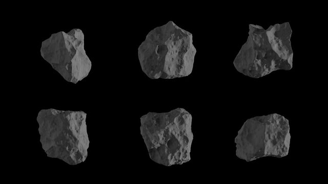 6 gray asteroids, meteors flying in the space isolated on a black background with luma matte. Spinning stones 4K 3D render animation in slow motion. Kit #3.