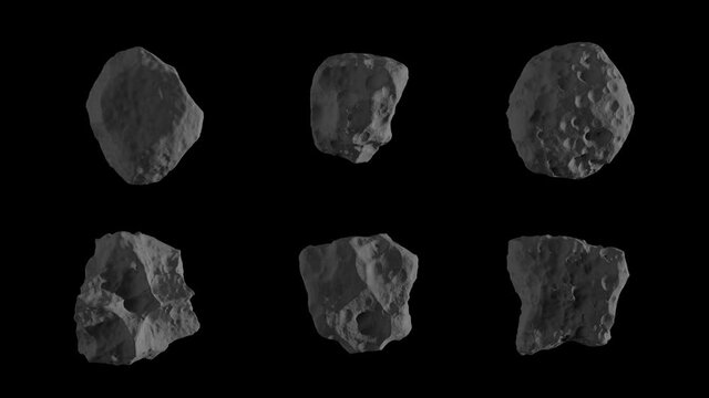6 gray asteroids, meteors flying in the space isolated on a black background with luma matte. Spinning stones 4K 3D render animation in slow motion. Kit #2.