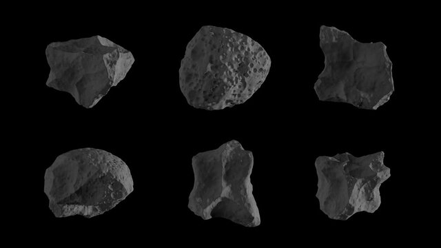6 gray asteroids, meteors flying in the space isolated on a black background with luma matte. Spinning stones 4K 3D render animation in slow motion. Kit #1.