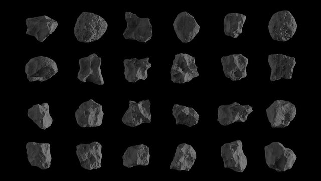 24 gray asteroids, meteors flying in the space isolated on a black background with luma matte. Spinning stones 4K 3D render animation in slow motion.