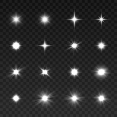  Realistic collection of bright light effects, sparkling stars on a transparent background. Vector