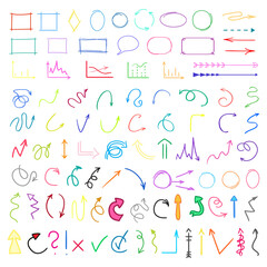 Infographic elements on white. Abstract colored shapes, arrows and indicators. Set of pointing signs on isolated background. Hand drawn simple symbols for design. Line art creative