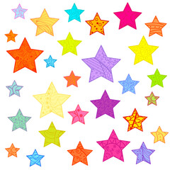 Colored ornate stars. Sky multicolored elements isolated on white. Design for spiritual relaxation for adults. Intricate patterns on isolation background. Zen art. Zentangle. Prints for t-shirts