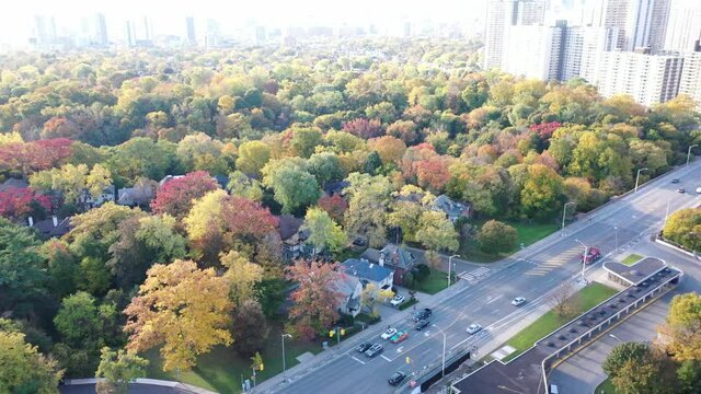 Broadview and Danforth drone views in the fall with red-orange and yellow tree colours  Bloor st east also in view dvp highway and Broadview subway station not colour graded with cars  and bridge 