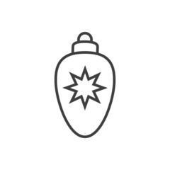 Decoración para árbol de navidad. Icono silueta de bola de navidad ovalada con estrella con líneas en color gris