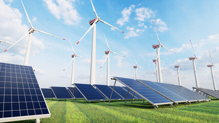 Wind power plant. green meadow with Wind turbines generating electricity, 3D Rendering.
