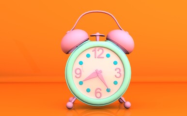 Turquoise vintage ringing alarm clock on bright orange background. Modern design, 3d rendering.
